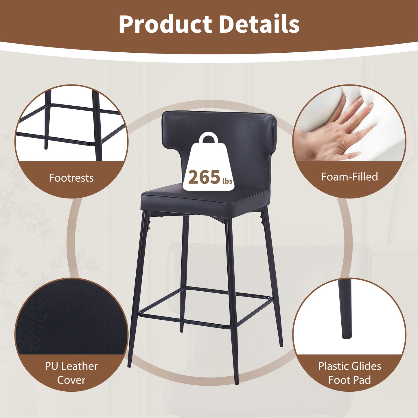 28inch Counter Height Bar Stools Set of 2, Modern Bar Upholstered Chairs with PU Leather, Metal Footrest and Frame for Kitchen Island, Bar Table, Dining Room, Black