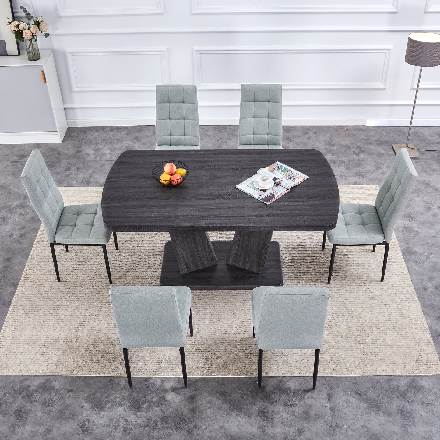 Dining Table Set for 6, 7 Piece Kitchen Table Chairs Set, 1.8" Thickness Tabletop and V-shaped Table Legs, Modern Dining Room Set with 63 inch Dinner Table and 6 Upholstered Chairs for Dining Room