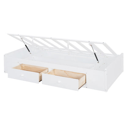 Twin Bunk Bed with Drawers, Wardrobe, Storage Shelves and Hydraulic Bed,White