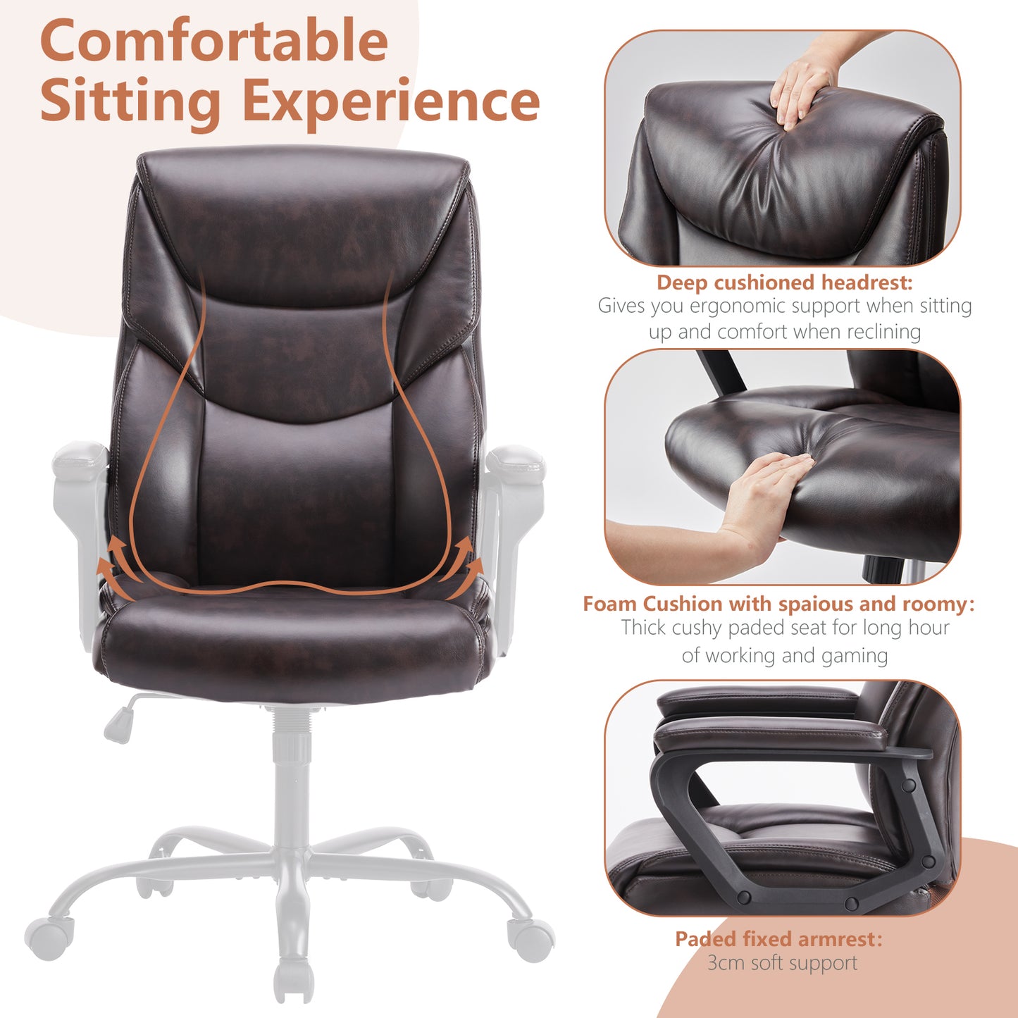 Sweetcrispy Home Office Chair Ergonomic PU Leather Desk Chair with Armrests