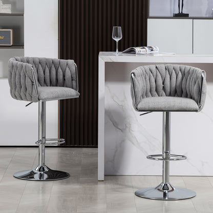 360° Fabric cover Swivel Bar Stools Set of 2, Adjustable Counter Height Bar Chairs with Woven Back & Footrest,Silver chromed  Bar Stools for Kitchen Island, Cafe, Pub (Gray)