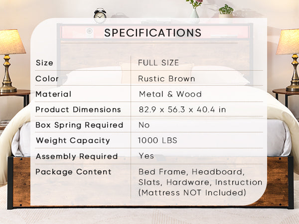 Lift-up Storage Bed Frame, Full Size Bed Frame with Bookcase Headboard & LED Lights, Wooden Platform Bed Frame with Charging Station, No Spring Box Needed, Rustic Brown