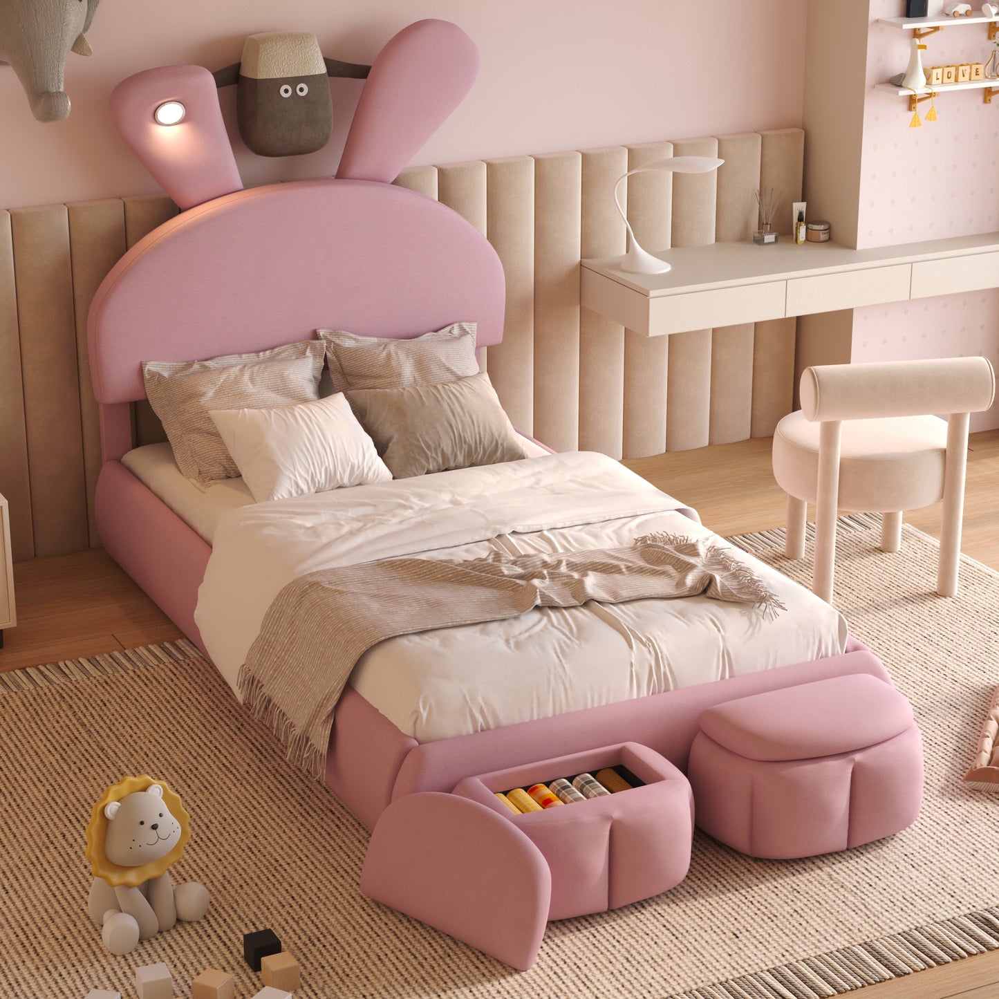 Twin Size Upholstered Platform Bed with Cartoon Ears Shaped Headboard and Light, Pink