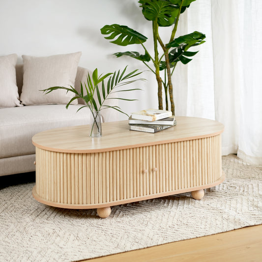 MDF ELEGANT LONG OVAL STORAGE SIDE TABLE WITH RETRO CHARM, NATURAL COLOR