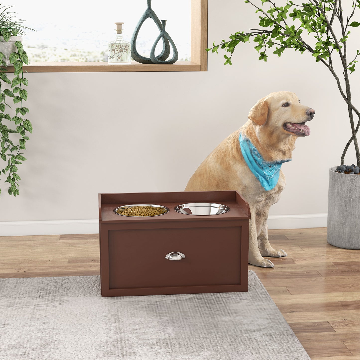 PawHut Dog Feeding Station with Storage Drawer, Dog Food Storage Cabinet with 2 Removable Elevated Dog Bowls for Large Sized Dogs, Brown