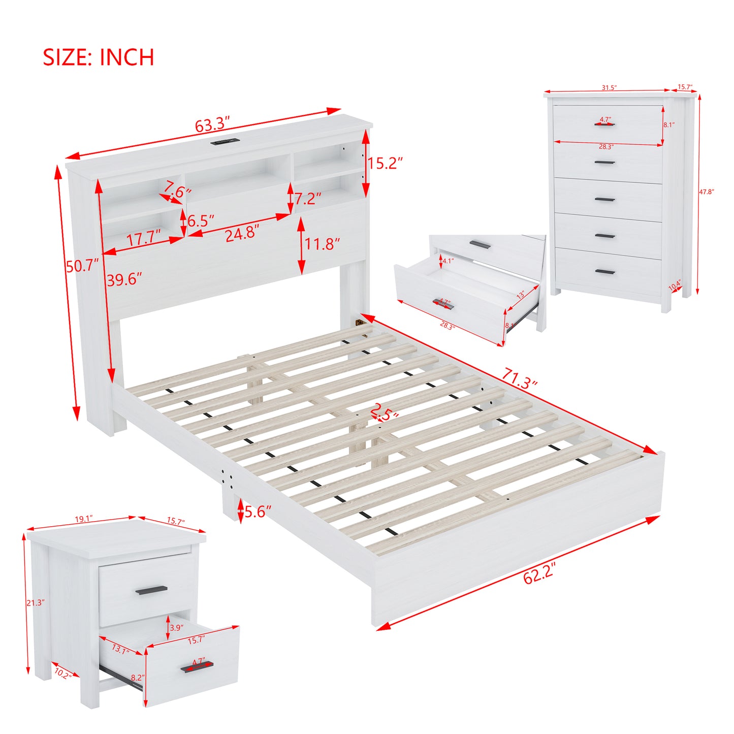 4-Pieces Bedroom Sets Queen Size Vintage Wooden Bed Frame with 2 Nightstands and 1 Dresser, White