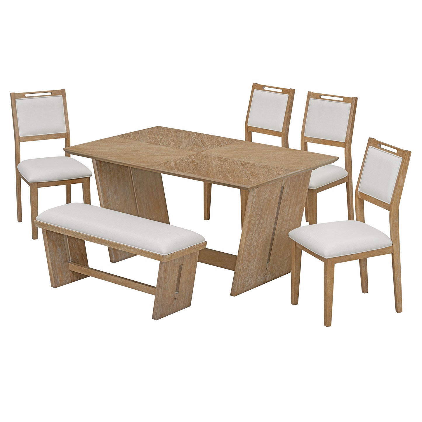 TREXM 6-Piece Retro Dining Set, 1 Rectangular Table with Stable Trapezoidal Table Base and 4 Upholstered Chairs and 1 Bench for Dining Room and Kitchen (Natural Wood Wash)