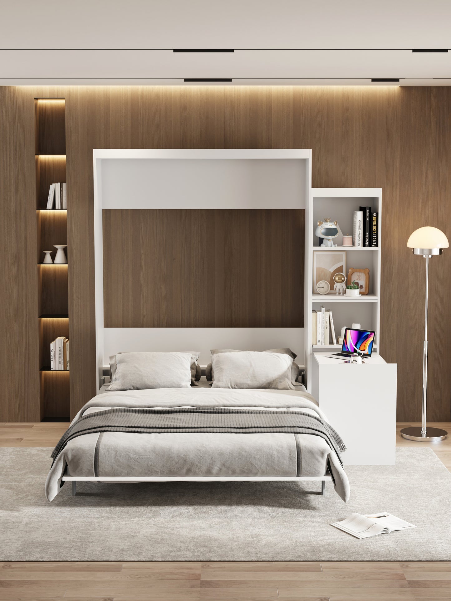 Queen  Size Morden Deisgn Big Size Vertical Murphy Bed with table and shelf  for Bedroom or Guestroom White Wall Bed Space Saving Hidden Bed with New Style Gas Struts