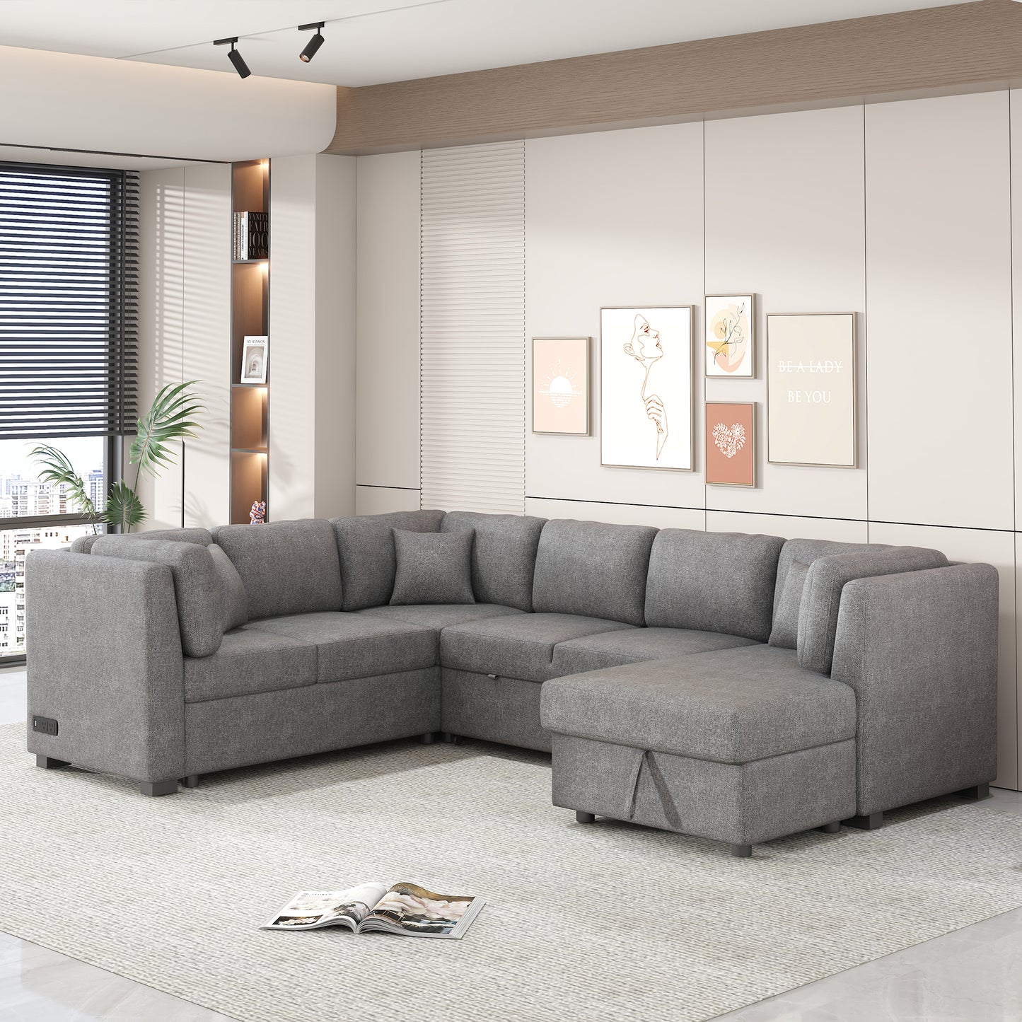 108.6" U-shaped Sectional Sofa Pull out Sofa Bed with Two USB Ports, Two Power Sockets, Three Back Pillows and a Storage Chaise for Living Room, Light Gray