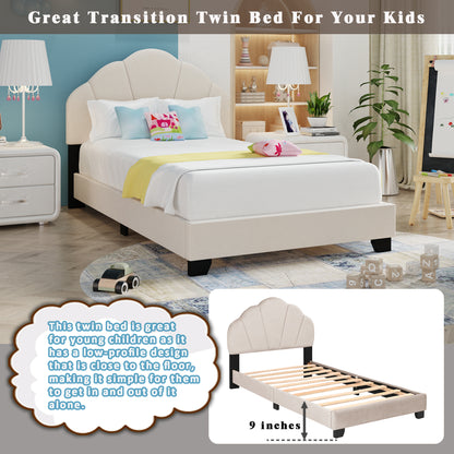 Upholstered Twin Size Platform Bed for Kids, Wooden Bed Frame with Slatted Bed Base, No Box Spring Needed, Cute Bed Frame with Shell Design Headboard for Girls Boys Teens, Beige