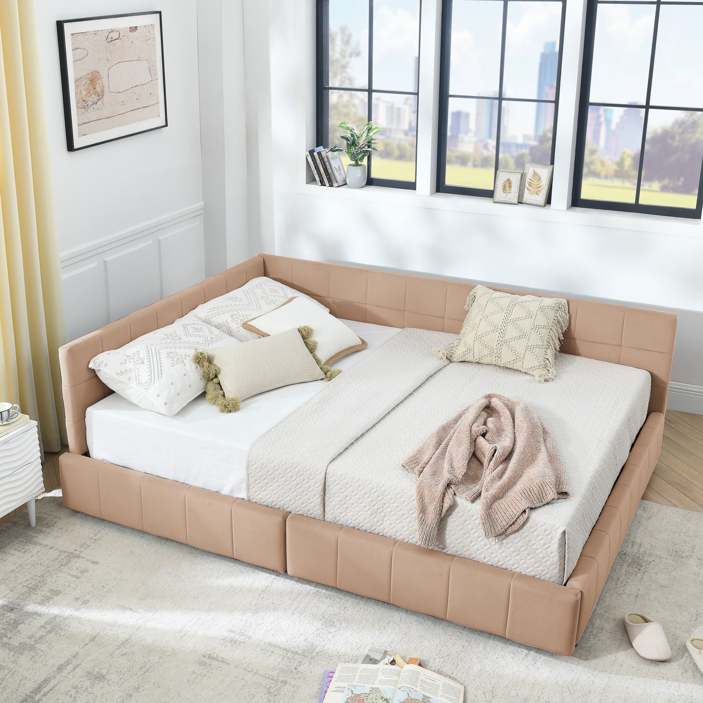 Queen Size Storage Upholstered Tufted Bed Frame, Sofa Bed Frame with Comfortable Backrest and Armrests, Queen Size Bed for Bedroom, Living Room,Velvet, PINK(85.5''*64.5''*29.5'')