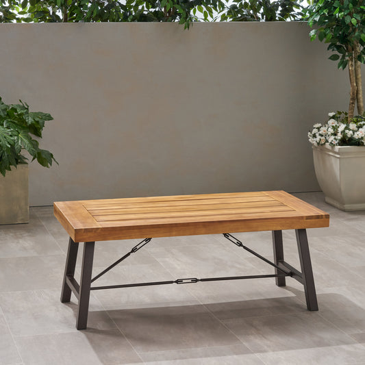 Outdoor Acacia Wood Coffee Table, Teak Finish / Rustic Metal Brown and Black, 27.25'D x 45.75'W x 18'H