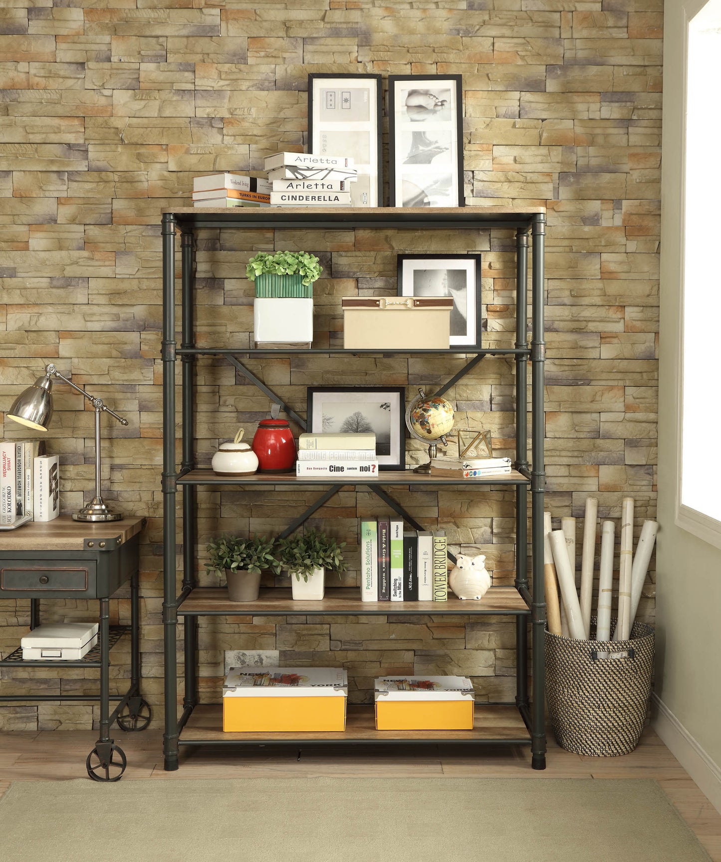 Itzel Antique Oak & Sandy Gray Finish Bookshelf