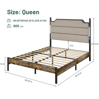 Queen Size Bed Frame with Upholstered Headboard , Queen Bed Frame with Charging Station and LED Lights, Wood Slats, Easy Assembly,No Box Spring Needed,Industrial Brown