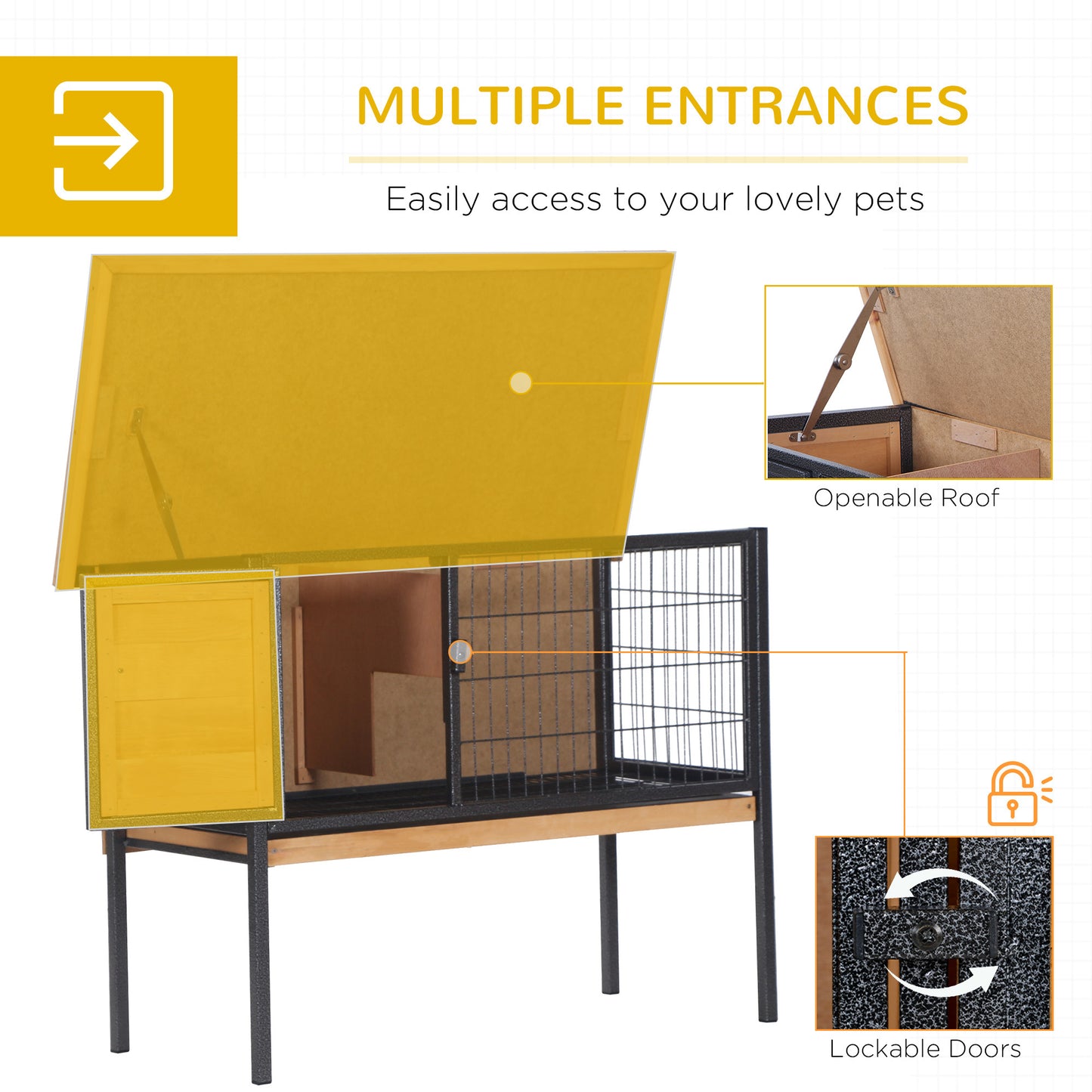 PawHut Rabbit Hutch Elevated Bunny Cage Small Animal Habitat with Metal Frame, No Leak Tray, Mtetal Wire Pan and Openable Water-Resistant Asphalt Roof for Indoor/Outdoor Natural Wood