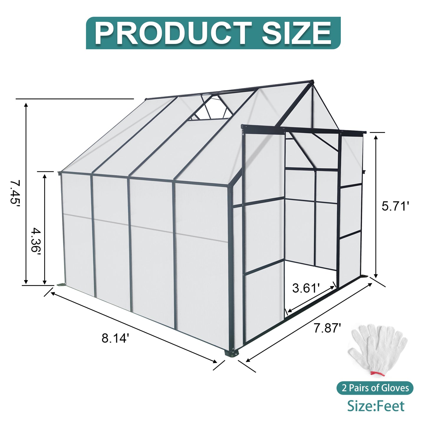 8x8 FT Double Door Polycarbonate Greenhouse Raised Base and Anchor Aluminum Heavy Duty Walk-in Greenhouses for Outdoor Backyard in All Season,Black