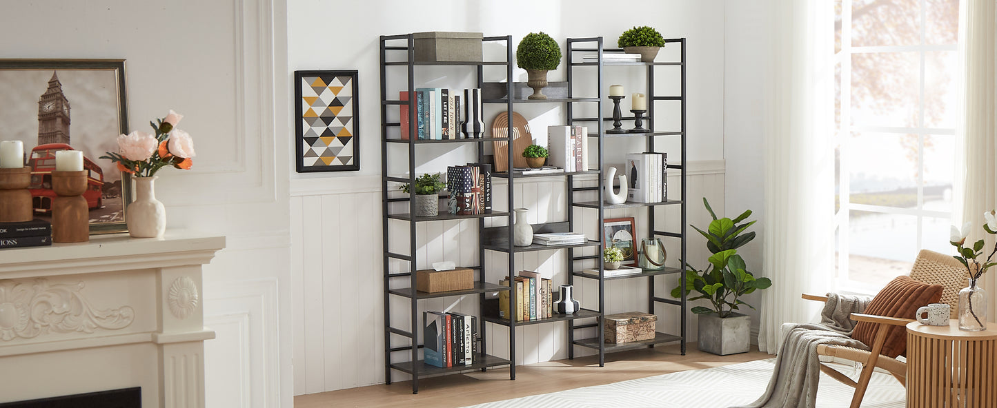 Triple Wide 5-shelf Bookshelves Industrial Retro Wooden Style Home and Office Large Open Bookshelves, Dark Grey, 69.3"W x 11.8"D x 70.1"H