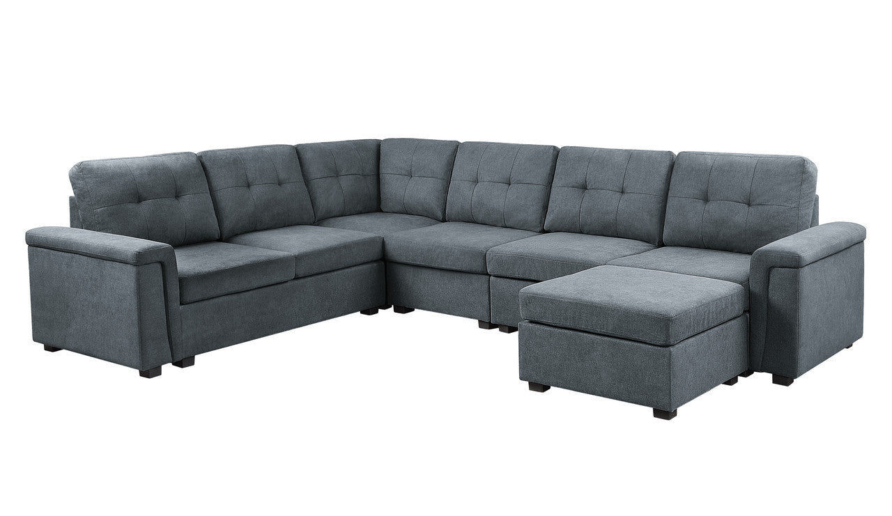 Isla 119" Gray Woven Fabric 7-Seater Sectional Sofa with Ottoman