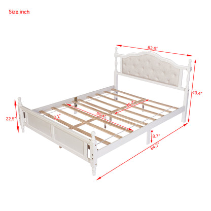 Queen Pine wooden Bed with Upholstered Headboard  and Panel Footboard, with  Two Bed Rail Support Feet and Central Platform Support Feet ,White