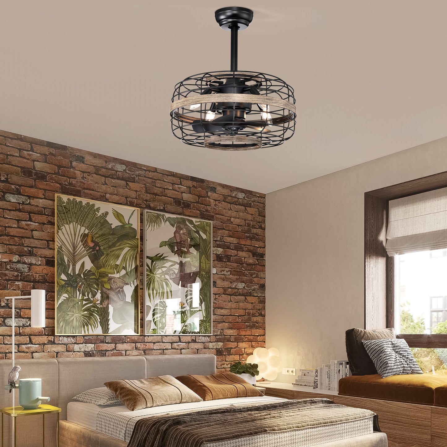 18'' Farmhouse Ceiling Fans  Light - Caged Ceiling Fan with Remote Control (3-Speeds Adjustable), Wood Rustic Enclosed Reversible Ceiling Fans for Bedroom , Living Room, Kitchen.