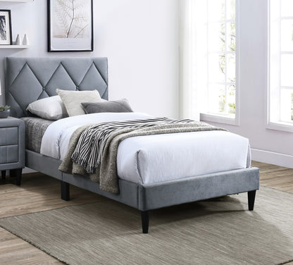 Twin Size Bed w Adjustable Headboard 1pc Bedframe, Grey Velvet Upholstered Youth Bedroom Furniture