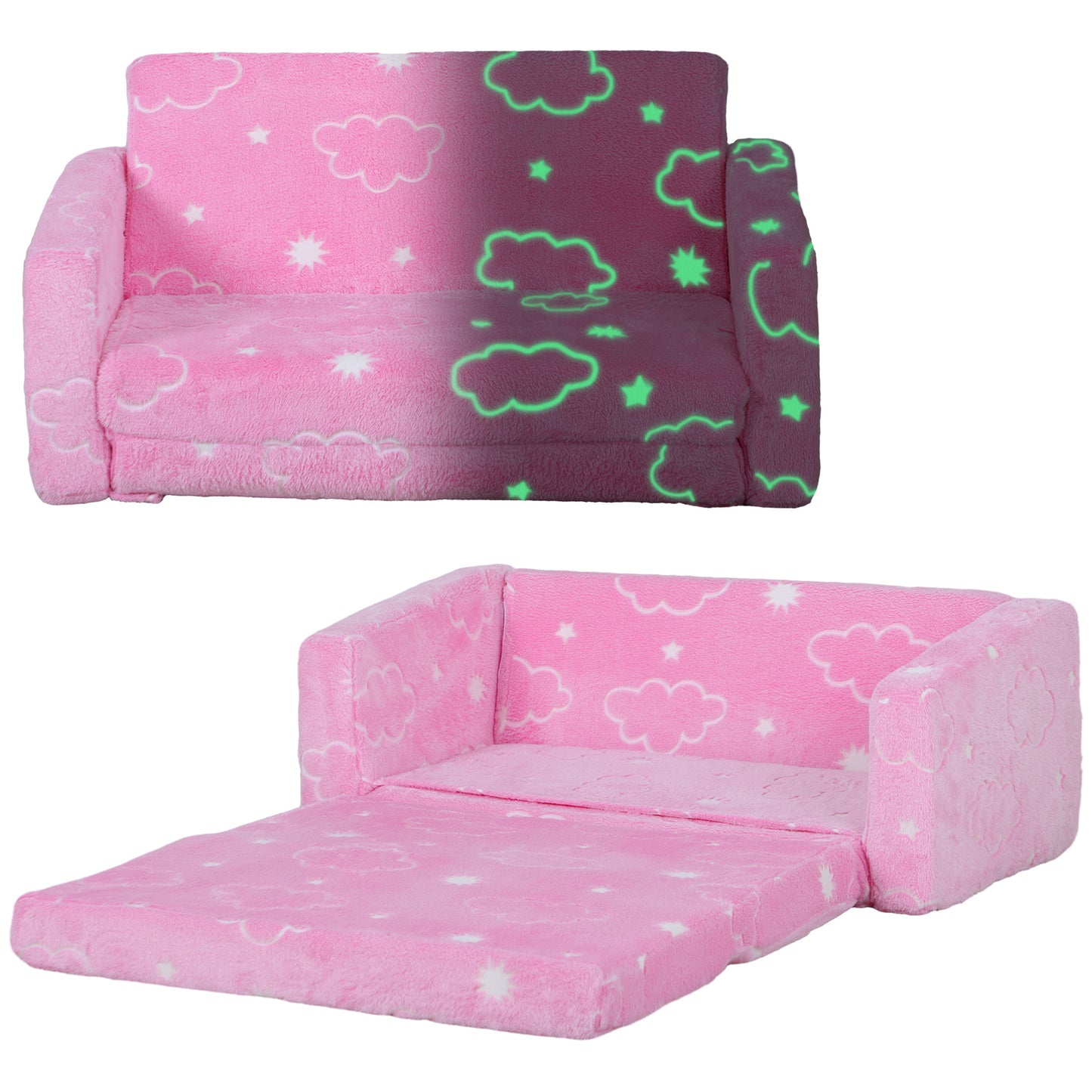 Qaba 2 in 1 Kids Sofa Chair, Toddler Couch with Glow in The Dark Cosmic Patten, Washable Cover, Fold Out Convertible Sofa to Lounger for Playroom Bedroom, Pink