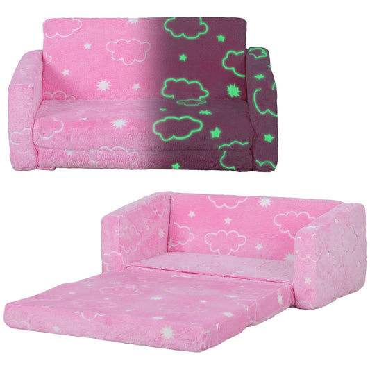 Qaba 2 in 1 Kids Sofa Chair, Toddler Couch with Glow in The Dark Cosmic Patten, Washable Cover, Fold Out Convertible Sofa to Lounger for Playroom Bedroom, Pink