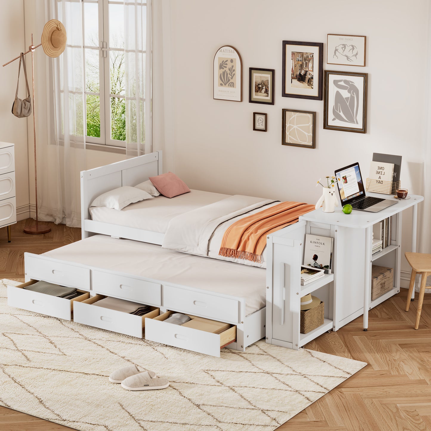 Twin Size Multifunctional Wood Platform Bed with Desk and Storage Shelf at the End of the Bed, Built-in Trundle and 3 Drawers, White