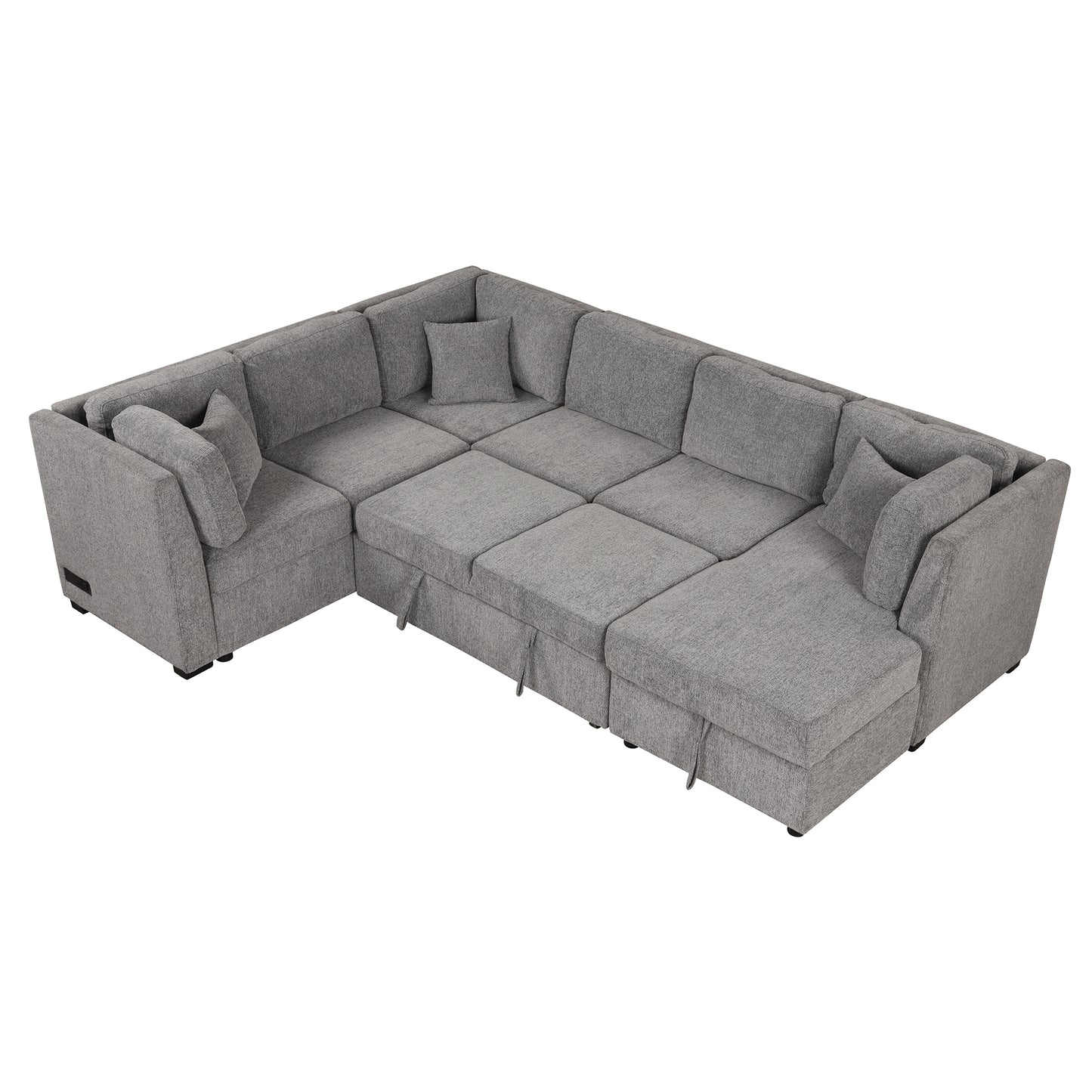 108.6" U-shaped Sectional Sofa Pull out Sofa Bed with Two USB Ports, Two Power Sockets, Three Back Pillows and a Storage Chaise for Living Room, Light Gray