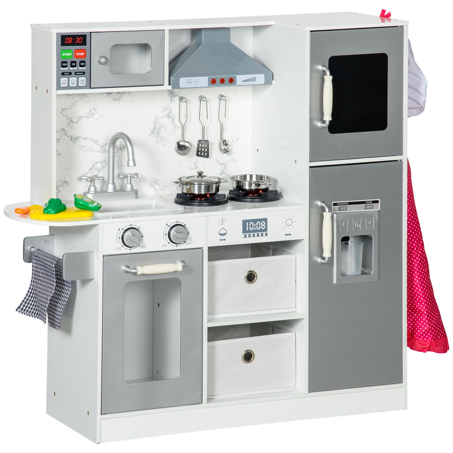 Qaba Play Kitchen Set for Kids, Kids Kitchen Playset with Lights Sounds, Apron and Chef Hat, Ice Maker, Microwave, Towel Rack, Utensils, Range Hood, Fun with Friends, for Ages 3-6 Years, White