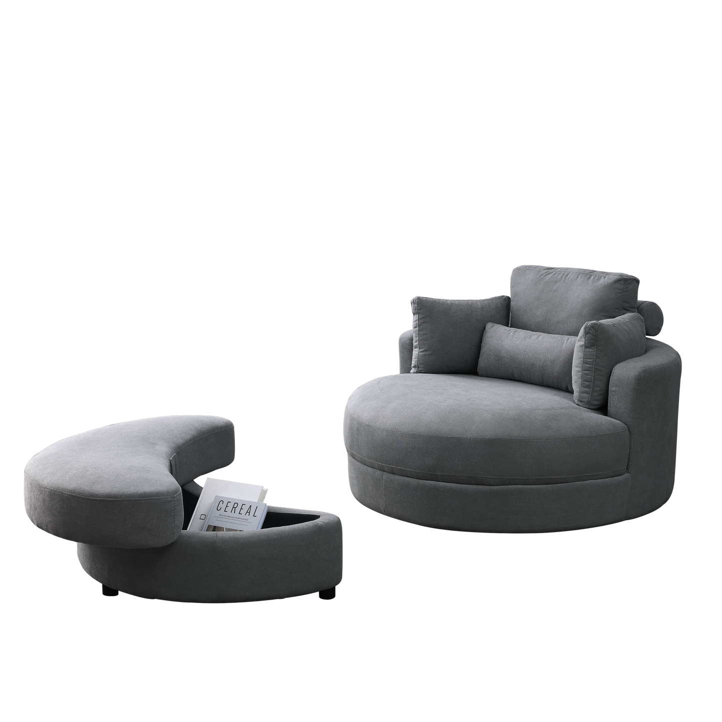 Welike Swivel Accent Barrel Modern Dark Grey Sofa Lounge Club Big Round Chair with Storage Ottoman Linen Fabric for Living Room Hotel with Pillows,2PCS.