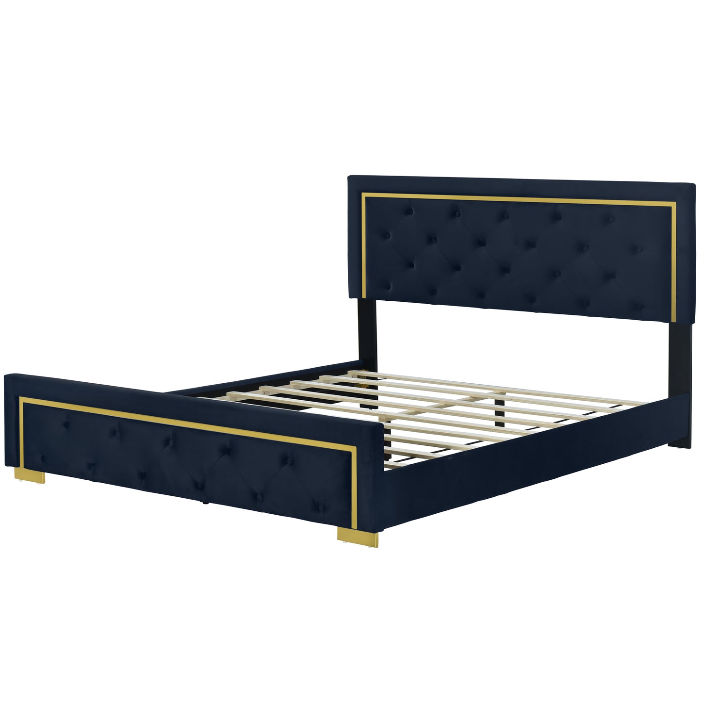 Queen Size Upholstered Platform Bed With Pull Point Headboard And Metal Wire Frame At The Head And Foot Of The Bed, Metal Feet, Velvet, Black