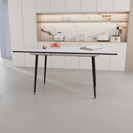 47" expandable to 63" inch MDF square white marble patterned dining table, modern industrial kitchen and dining table, equipped with tapered black metal legs