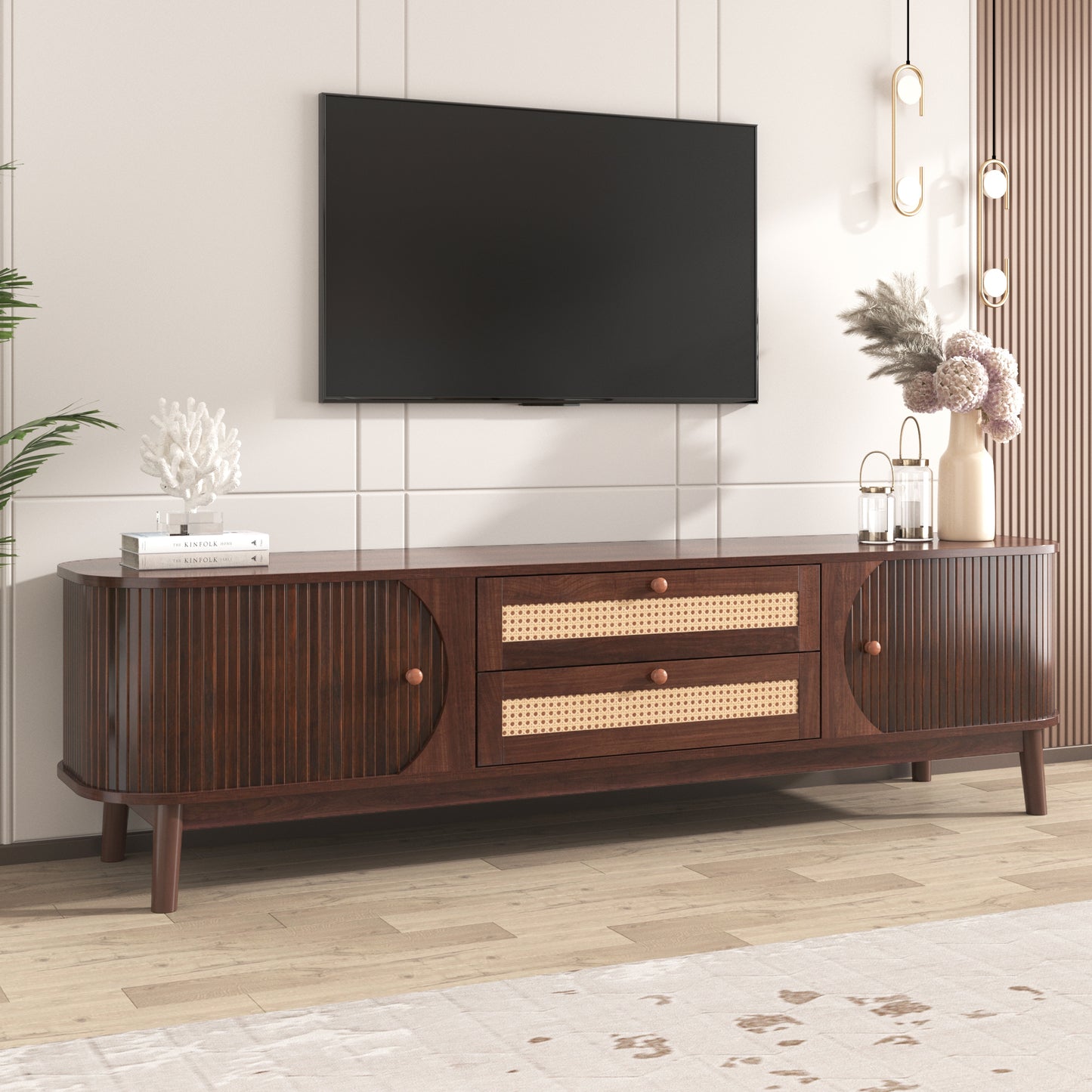 Rattan TV Stand for TVs up to 75'', Modern Farmhouse Media Console, Entertainment Center with Solid Wood Legs, TV Cabinet for Living Room,Home Theatre