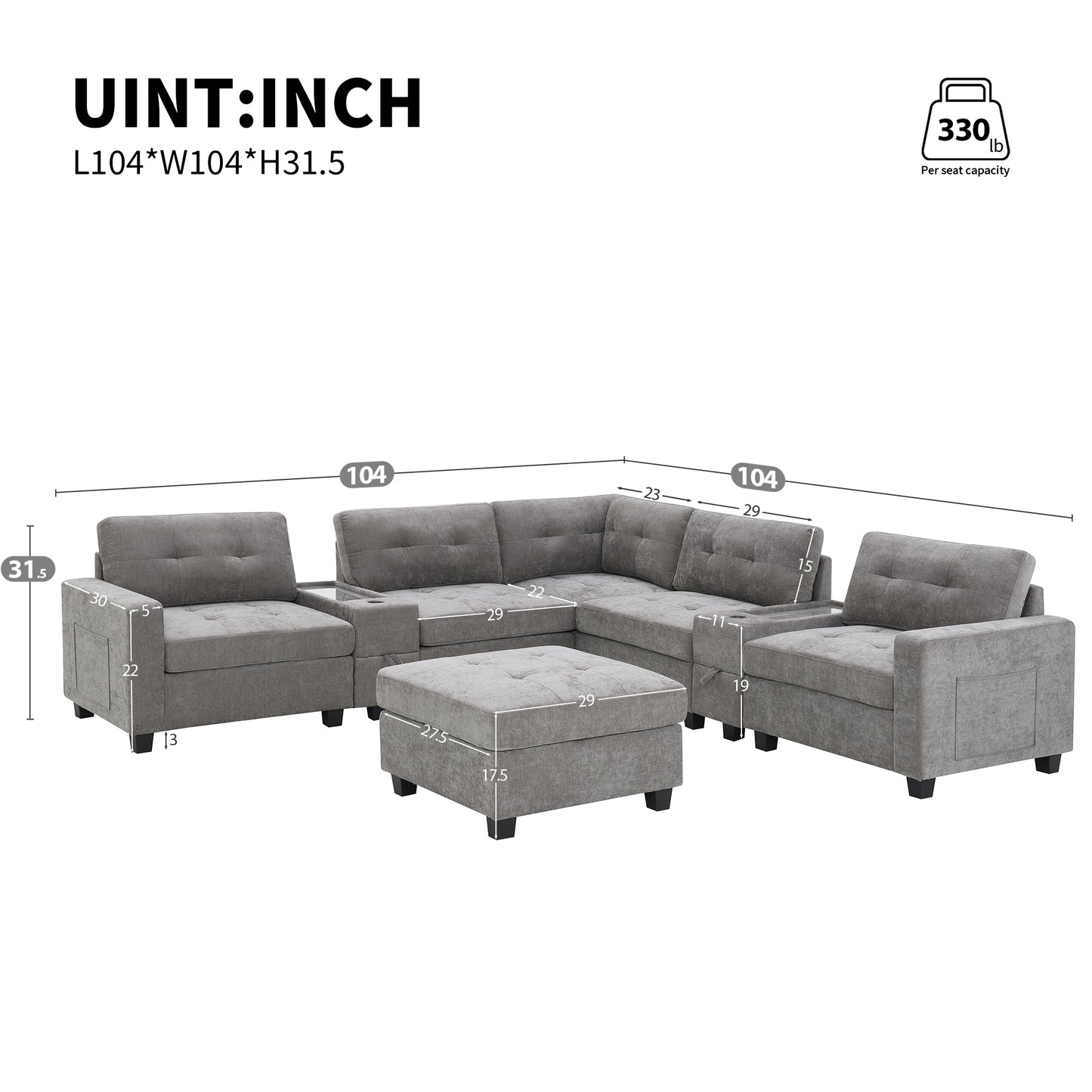 104'' Sectional Sofa with Acrylic Table Top,Chenille U Shaped Couch Set with 2 Consoles,USB Charger,Storage Drawers and Pockets,Movable Ottoman,Tufted Sofa for Living Room,Apartment,2 Colors