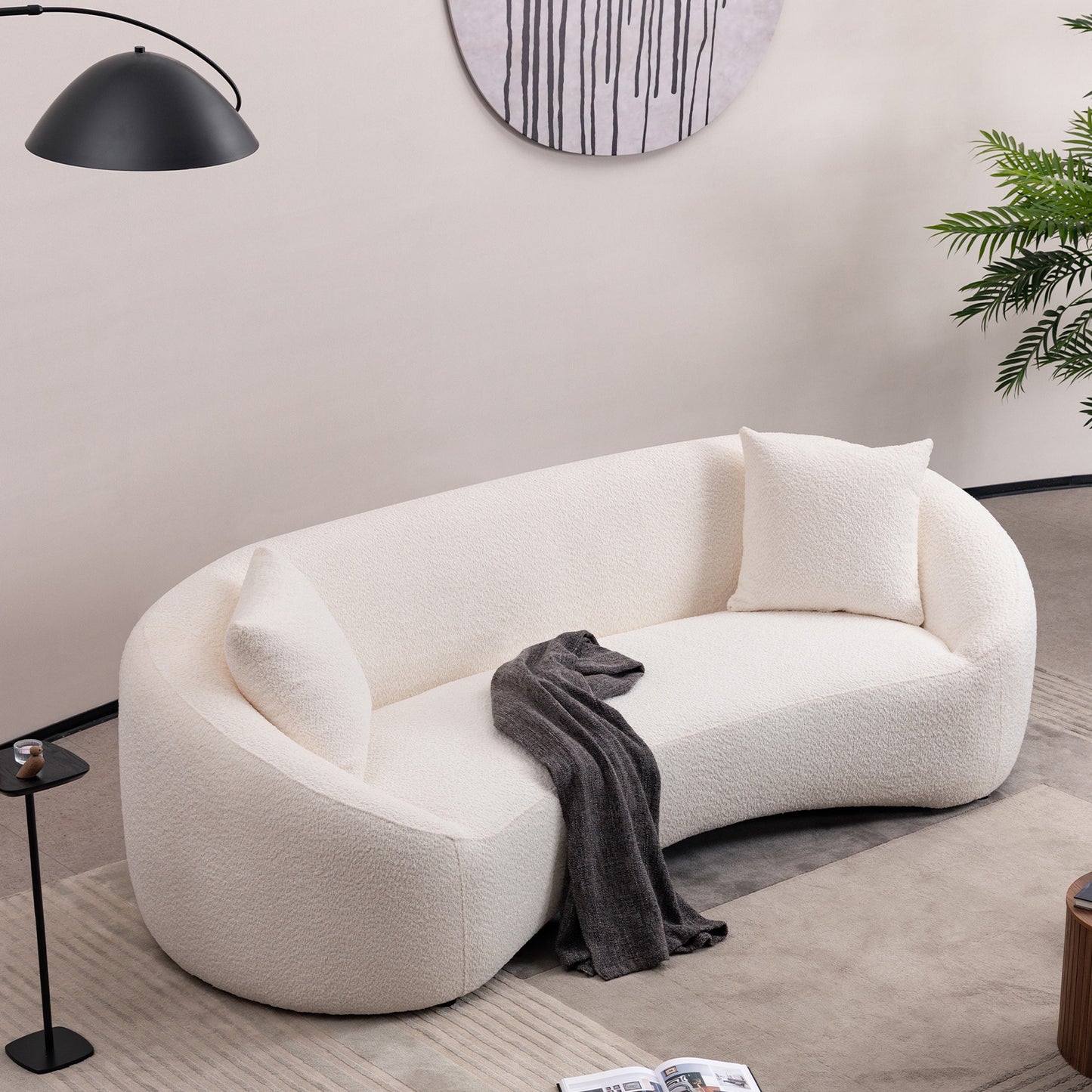 93.31" Minimalist Curved Sofa, 3 Seater, White Boucle Fleece Upholstered Sofa, Tight Curved Back Cloud Couch for Living Room  Apartment Office, White