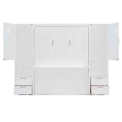 Queen Size Murphy Bed Wall Bed with Closet ,Drawers and Shelves,White