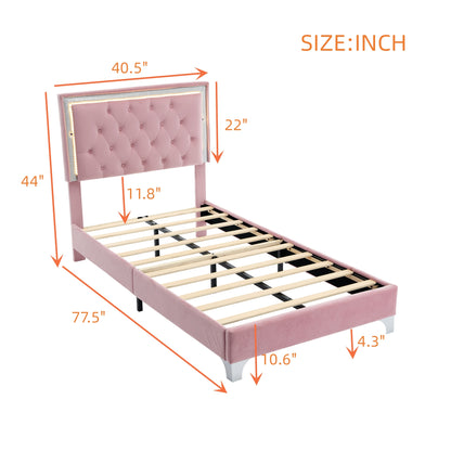 Twin Size Upholstered Bed Frame with LED Lights,Modern Velvet Platform Bed with Tufted Headboard,Pink