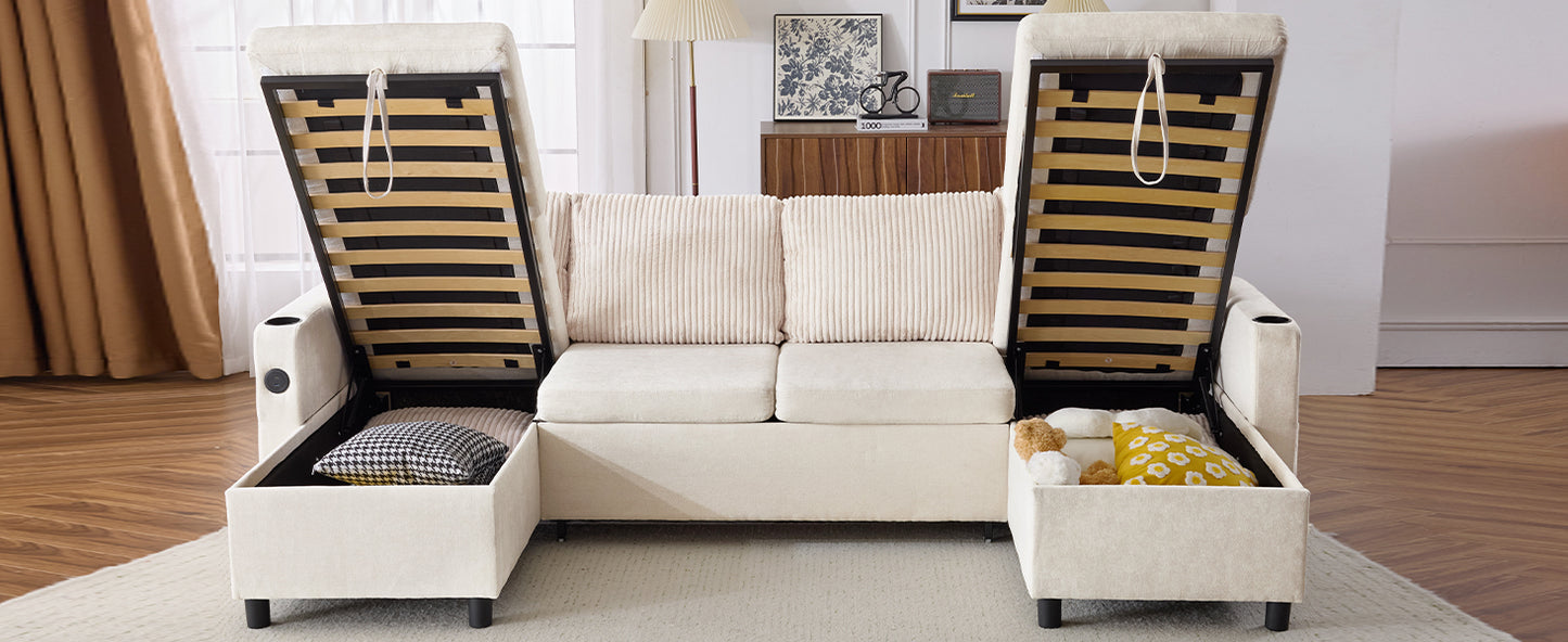 111.8" Sectional Sofa Pull-out Sofa Bed Versatile Sofa Sleeper with Large Storage Space, Two USB Ports and Two Cup Holders for Living Room, Beige