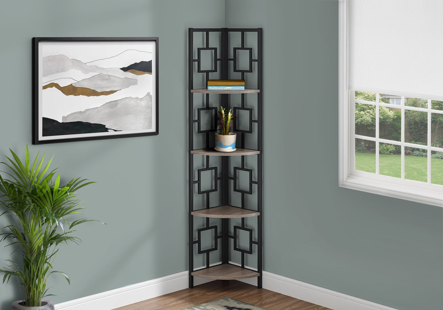 Bookshelf, Bookcase, Etagere, Corner, 4 Tier, 62"h, Office, Bedroom, Brown Laminate, Black Metal, Contemporary, Modern