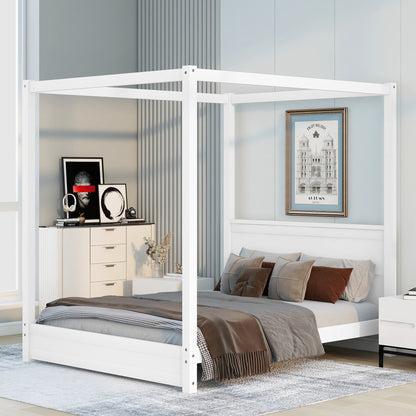 Queen Size Canopy Platform Bed with Headboard and Support Legs,White