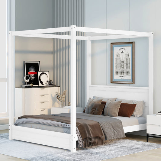 Queen Size Canopy Platform Bed with Headboard and Support Legs,White