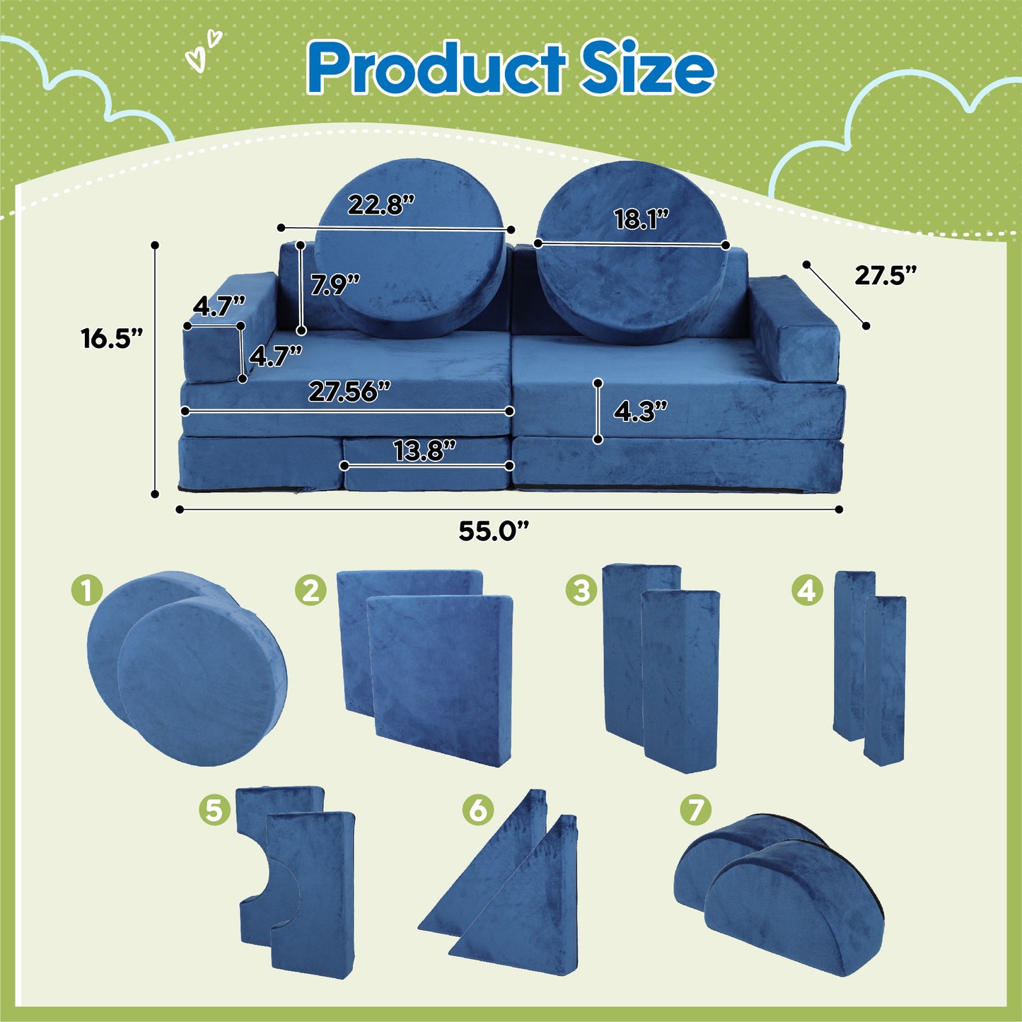 14pcs Kids Sofa Modular Play Couch,Child Sectional Sofa to Boost Creativity,Boys and Girls DIY Creativing Playroom Couch Furniture for Toddlers Conertible Foam and Floor Cushion-Blue