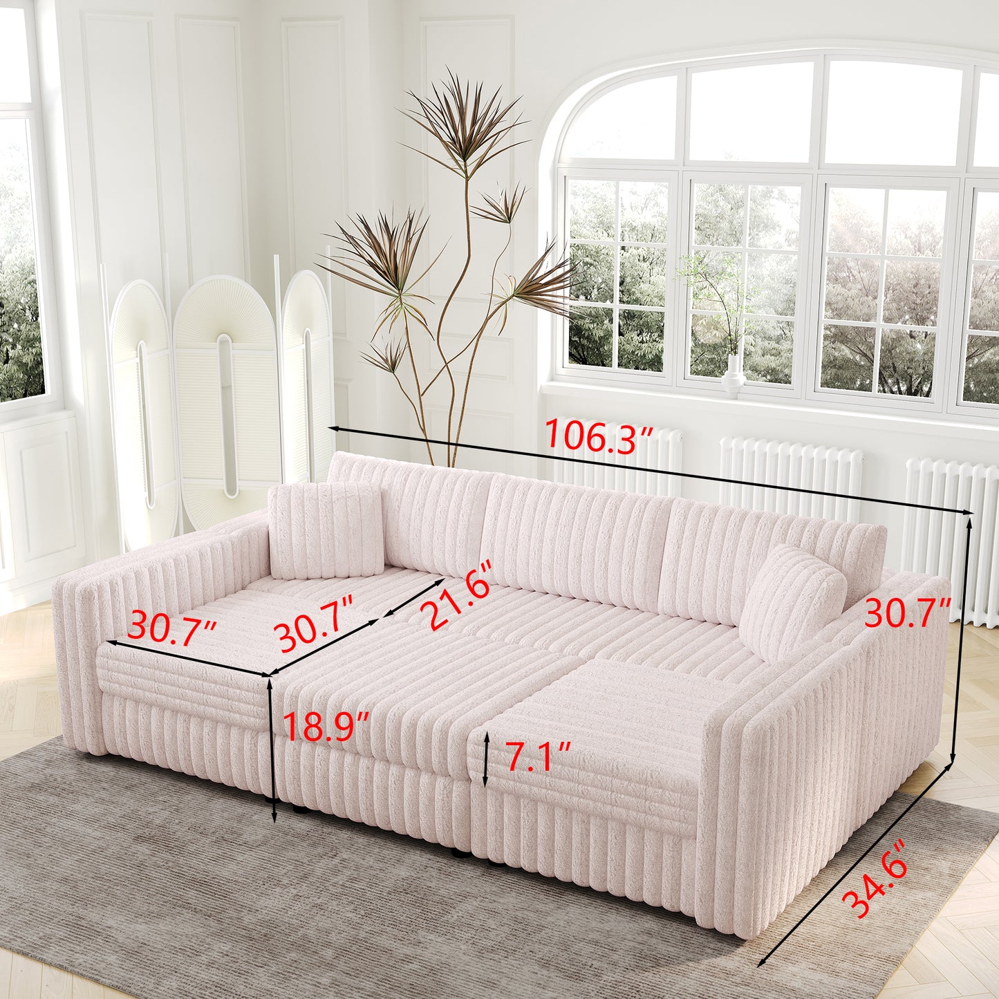 106.3" Soft  U-shaped 6-Person Sofa. Matches 30.7" Ottoman with Hydraulic Lift. Comfortable & Stylish. For Bedroom & Living Room. Light Pink.Modern Furniture. Modular Design.