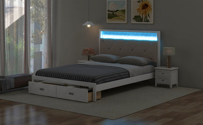 Wood Queen Size Platform Bed with Upholstered Headboard and LED and 2 Drawers, Antique White