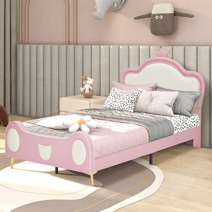 {NEW}Twin Size Princess Bed with Crown Headboard, PU Upholstered Platform Bed , Twin Size Bed Frame with Bed-End Storage Pocket for Kids Girl, No Spring Box Needed, Easy Assembly, Pink