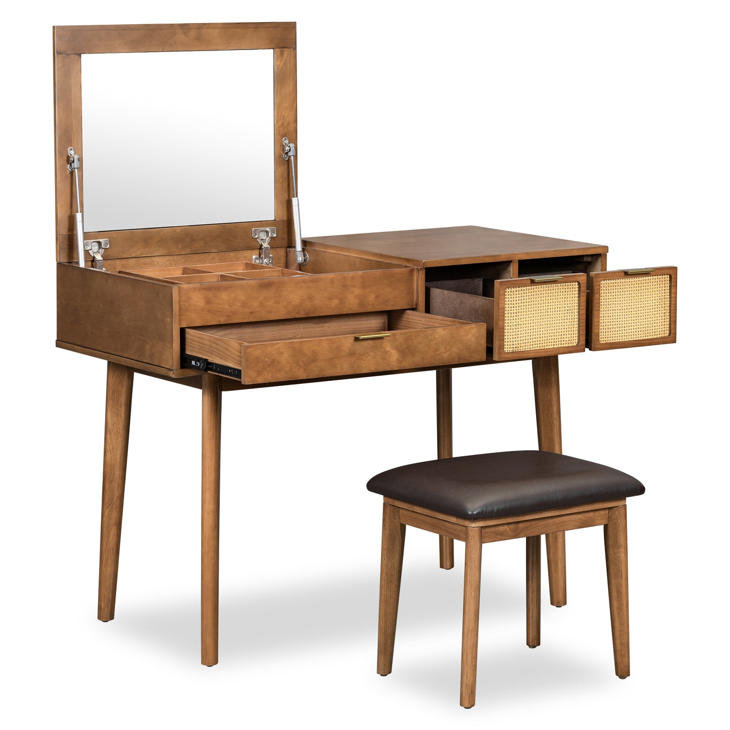 43.3" Classic Wood Makeup Vanity Set with Flip-top Mirror and Stool, Dressing Table with Three Drawers and storage space, Brown