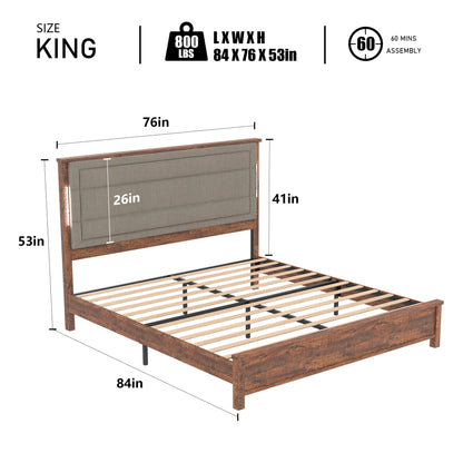 King Size Bed Frame with Upholstered Headboard, King Bed Frame with Charging Station and LED Lights, Wood Slats, Dark Gray Linen,  No Box Spring Needed, Easy Assembly