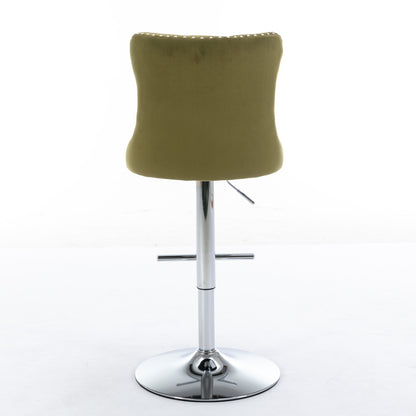 Swivel Velvet Barstools Adjusatble Seat Height from 25-33 Inch, Modern Upholstered Chrome base Bar Stools with Backs Comfortable Tufted for Home Pub and Kitchen Island, Olive-Green,Set of 2,1712OL