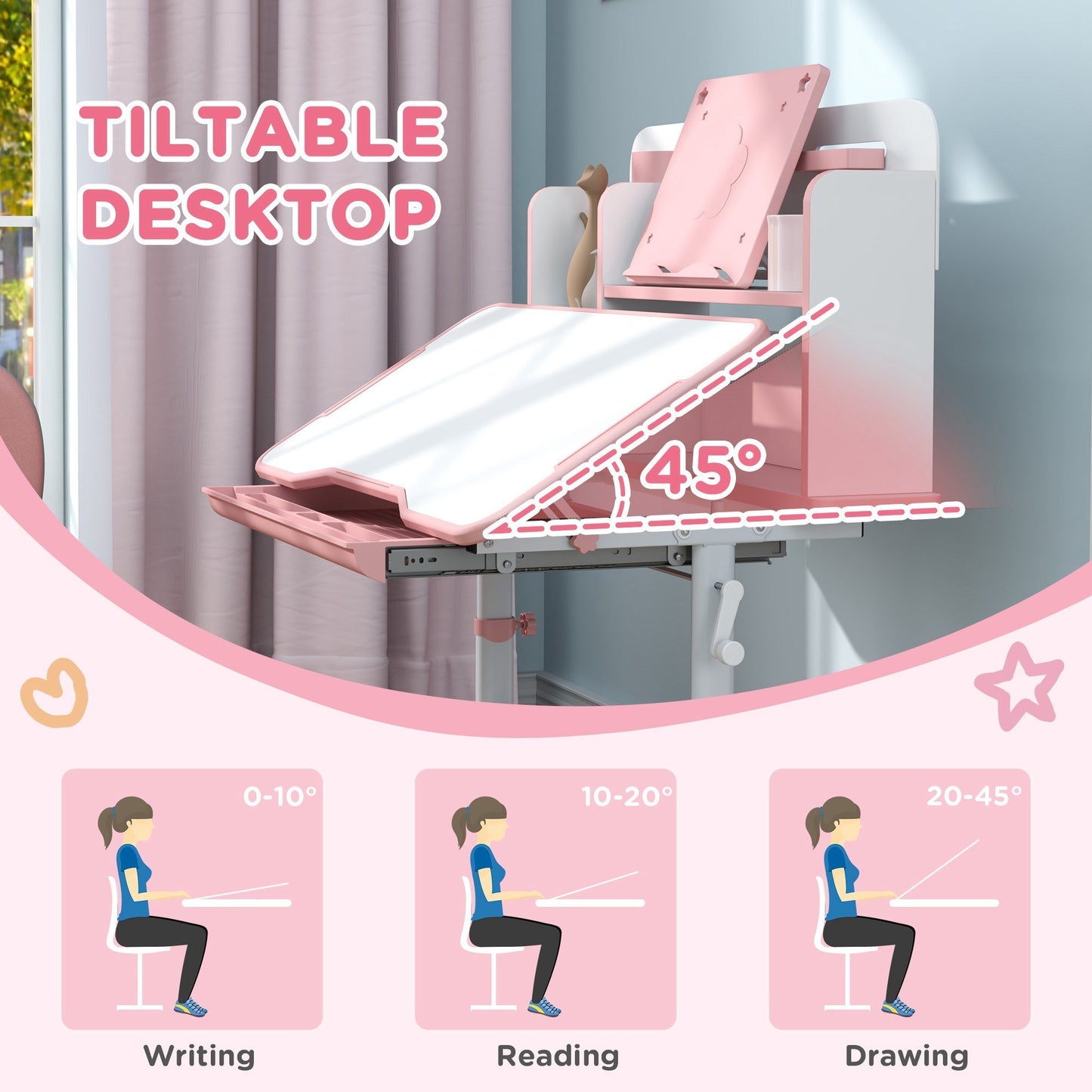 Qaba Kids Desk and Chair Set, Height Adjustable Kids School Study Desk and Chair Set with Tilt Desktop, Storage Drawer and Reading Rack for Writing, Reading and Drawing, Pink